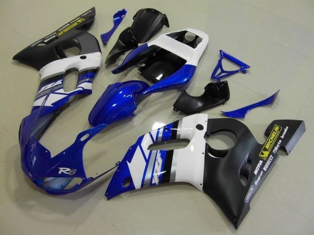 1998-2002 Yamaha YZF R6 Motorcycle Fairings - White Blue Matte Black Motul Michelin