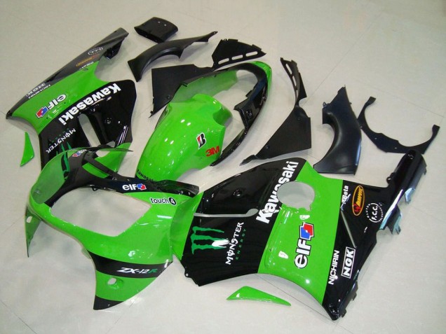 2000-2001 Kawasaki ZX12R Motorcycle Fairings - Green Glossy Black Elf Touch4 Monster