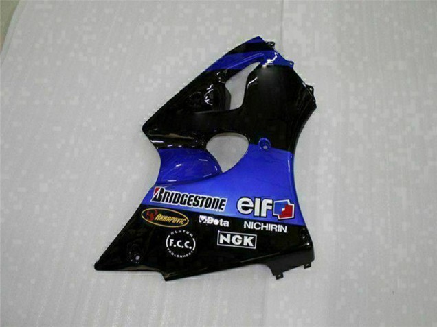 2000-2002 Kawasaki ZX6R Motorcycle Fairings - Blue Glossy Black Elf Bridgestone