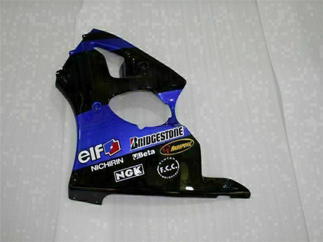 2000-2002 Kawasaki ZX6R Motorcycle Fairings - Blue Glossy Black Elf Bridgestone