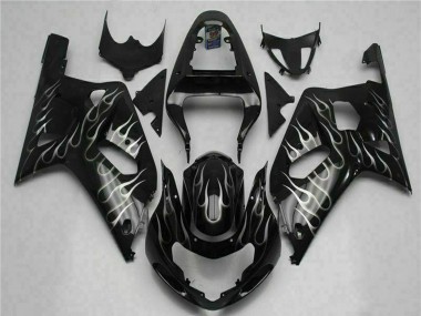 Shop 2001-2003 Suzuki GSXR 600/750 Motorcycle Fairings - Glossy Black Silver Flame
