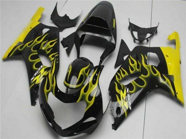 Shop 2001-2003 Suzuki GSXR 600/750 Motorcycle Fairings - Glossy Black Yellow Flame