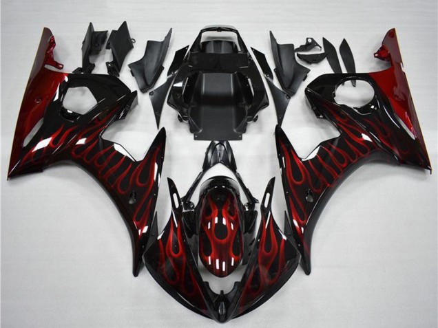 2003-2004 Yamaha YZF R6 Motorcycle Fairing - Glossy Black Red Flame