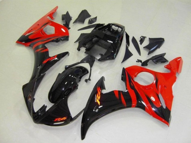 2003-2004 Yamaha YZF R6 Motorcycle Fairings - Glossy Black Red Flame