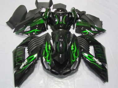 Shop 2006-2011 Kawasaki ZX14R ZZR1400 Motorcycle Fairings - Glossy Black Green Flame