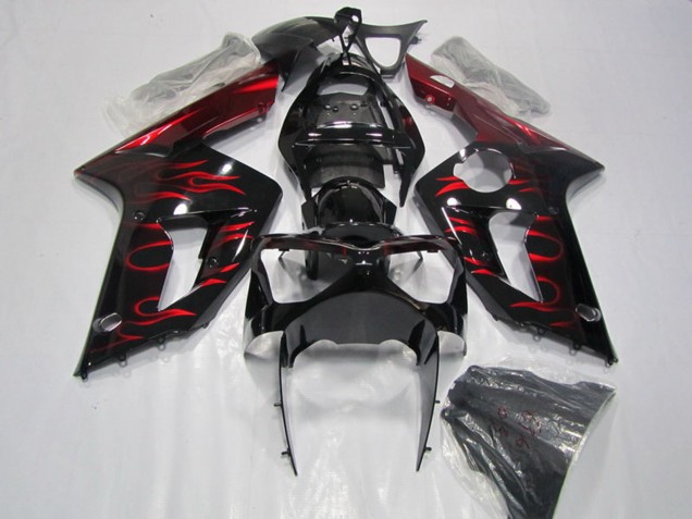 2003-2004 Kawasaki ZX6R Motorcycle Fairing - Glossy Black Red Flame