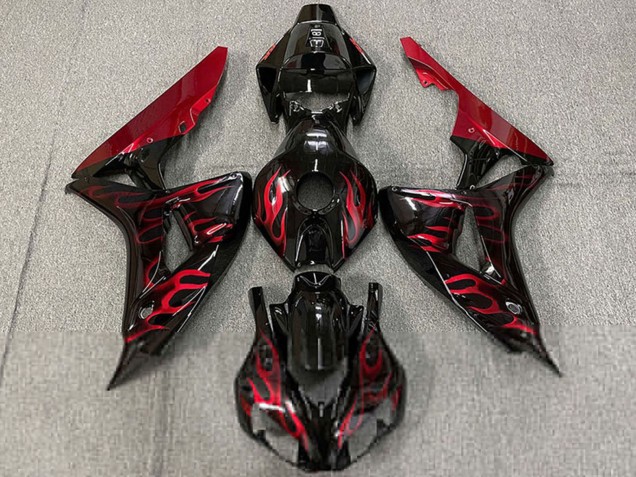 2006-2007 Honda CBR1000RR Motorcycle Fairings - Glossy Black Red Flame