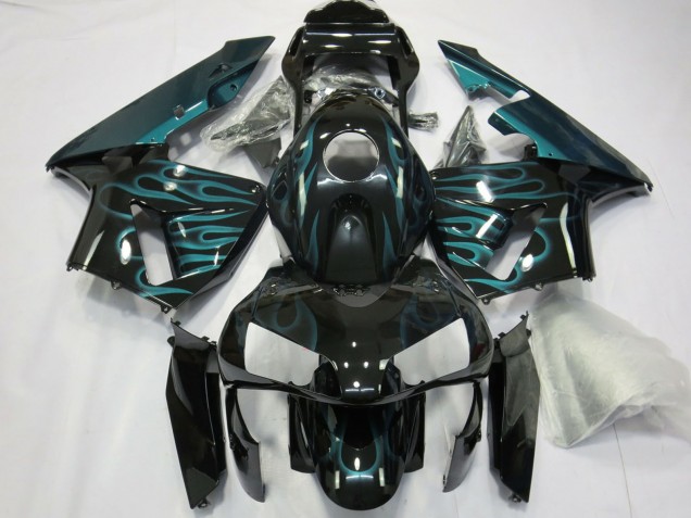 2003-2004 Honda CBR600RR Motorcycle Fairings - Glossy Black Green Flame