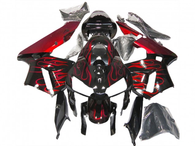 2005-2006 Honda CBR600RR Motorcycle Fairings - Glossy Black Red Flame