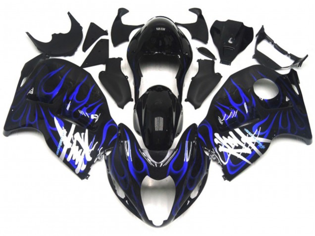 1996-2007 Suzuki GSXR 1300 Motorcycle Fairings - Glossy Black with Deep Blue Flame