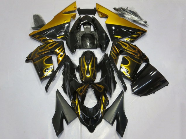 2004-2005 Kawasaki ZX10R Motorcycle Fairings - Glossy Black Gold Flame