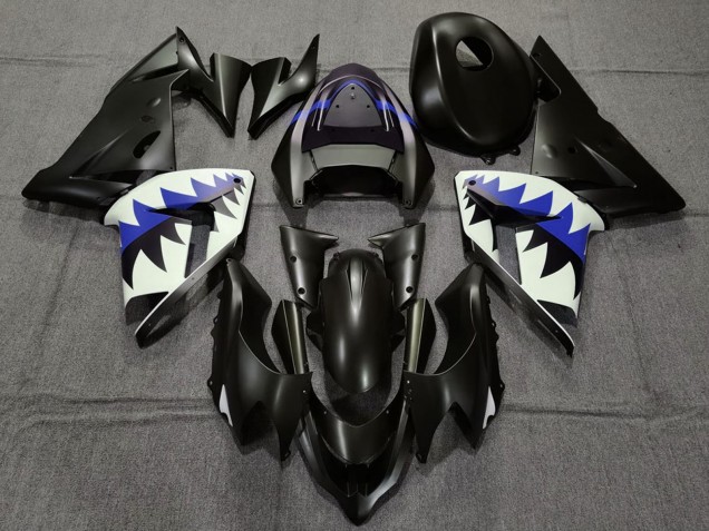 2004-2005 Kawasaki ZX10R Motorcycle Fairings - Matte Black and Dark Blue Shark