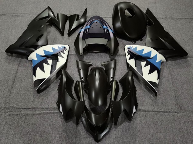2004-2005 Kawasaki ZX10R Motorcycle Fairings - Matte Black and Light Blue Shark