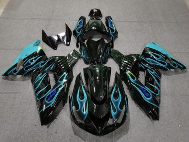 Shop 2006-2011 Kawasaki ZX14R Motorcycle Fairings - Glossy Black Light Blue Flame