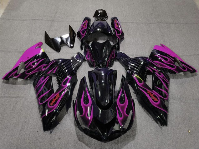 2006-2011 Kawasaki ZX14R Motorcycle Fairing - Glossy Black Purple Flame