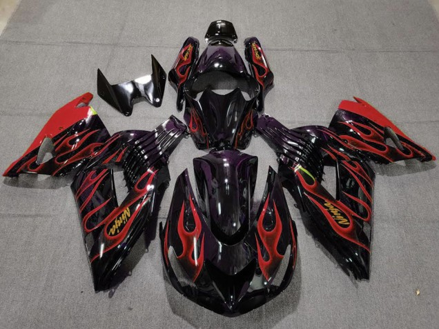 2006-2011 Kawasaki ZX14R Motorcycle Fairings - Glossy Black Red Flame Gold Ninja