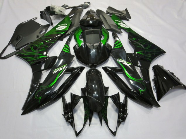 2006-2007 Yamaha R6 Motorcycle Fairings - Glossy Black Green Flame