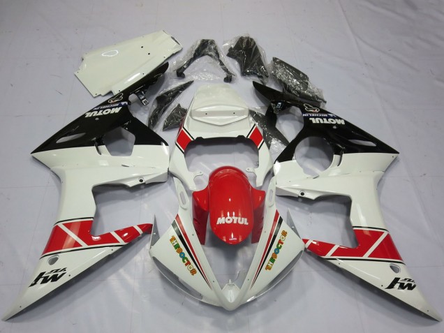 2005 Yamaha R6 Motorcycle Fairings - White Red Glossy Black Motul