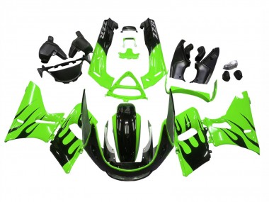 Shop 1993-2007 Kawasaki ZZR400 Motorcycle Fairings - Green Glossy Black Flame