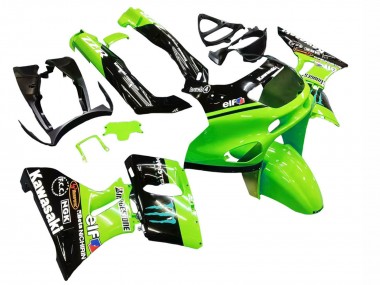 Shop 1993-2007 Kawasaki ZZR400 Motorcycle Fairings - Green Glossy Black Blue Monster Elf Touch4 Bridgestone
