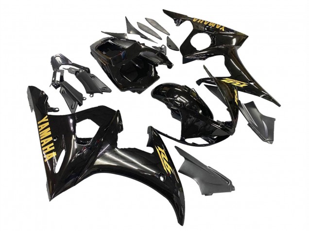 2003-2004 Yamaha YZF R6 Motorcycle Fairings - Glossy Black Gold Decals