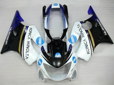 Shop 1999-2000 Honda CBR600 F4 Motorcycle Fairings - White Blue Glossy Black Konica Minolta