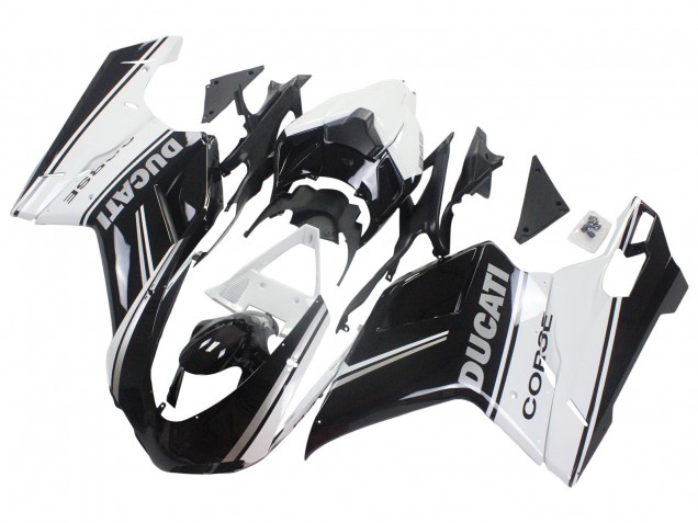 2007-2014 Ducati 848/1098/1198 Motorcycle Fairings - White Glossy Black Corse