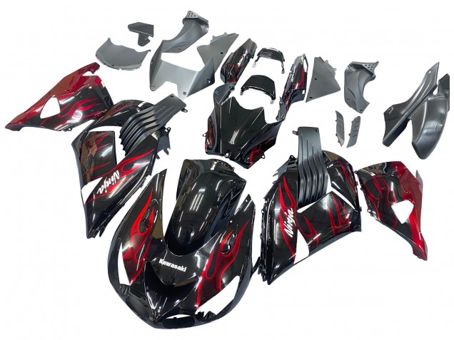 2006-2011 Kawasaki ZX14R ZZR1400 Motorcycle Fairing Kits - Glossy Black Red Flame