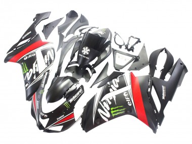 Shop 2007-2008 Kawasaki ZX6R Motorcycle Fairings - Black White Red with White Snow Decal Ninja Elf