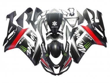 Shop 2007-2008 Kawasaki ZX6R Motorcycle Fairings - Black White Red with White Snow Decal Ninja Elf