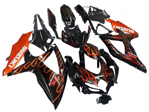 2008-2010 Suzuki GSXR 600 / GSXR 750 Motorcycle Fairings - Glossy Black Orange Flame
