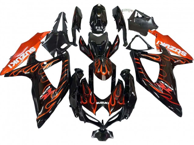 2008-2010 Suzuki GSXR 600 / GSXR 750 Motorcycle Fairings - Glossy Black Orange Flame