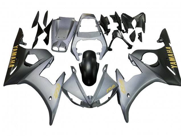 2003-2004 Yamaha YZF R6 Motorcycle Fairings - Matte Grey Matte Black Gold Decals