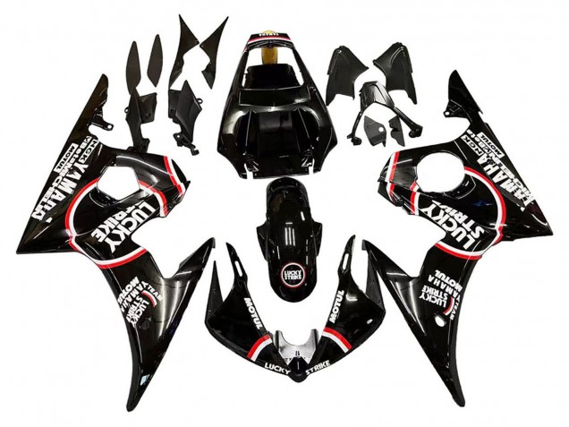 2005 Yamaha YZF 600 R6 Motorcycle Fairings - Glossy Black White Lucky Strike Motul