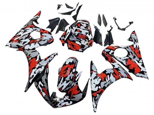 2005 Yamaha YZF 600 R6 Motorcycle Fairings - Black Red Grey Camouflage