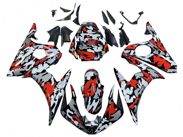 2005 Yamaha YZF 600 R6 Motorcycle Fairings - Black Red Grey Camouflage
