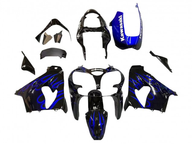 2000-2001 Kawasaki ZX9R Motorcycle Fairings - Glossy Black Blue Flame White