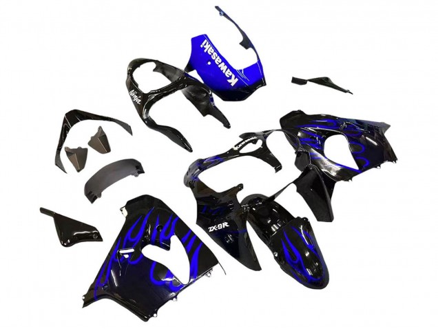 2000-2001 Kawasaki ZX9R Motorcycle Fairings - Glossy Black Blue Flame White