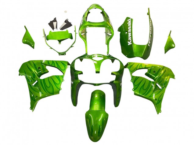 2000-2001 Kawasaki ZX9R Motorcycle Fairings - Green Flame