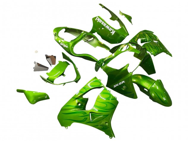 2000-2001 Kawasaki ZX9R Motorcycle Fairings - Green Flame