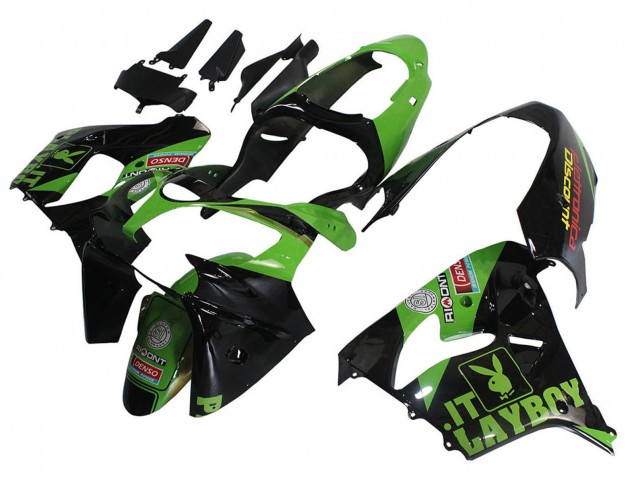 2000-2001 Kawasaki ZX9R Motorcycle Fairings - Green Black Playboy DENSO