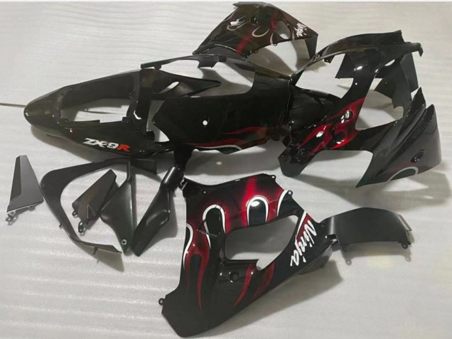 2002-2003 Kawasaki ZX9R Motorcycle Fairing - Glossy Black Red Flame