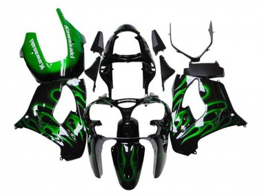 Shop 2000-2001 Kawasaki ZX9R Motorcycle Fairings - Glossy Black Green Flame White