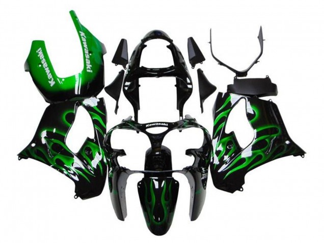 2000-2001 Kawasaki ZX9R Motorcycle Fairings - Glossy Black Green Flame White