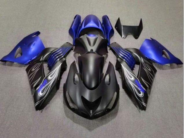 2006-2011 Kawasaki ZX14R ZZR1400 Motorcycle Fairings - Matte Black Blue Silver Flame