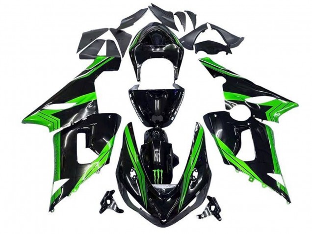 2005-2006 Kawasaki ZX6R Motorcycle Fairings - Green Glossy Black Monster Stripe