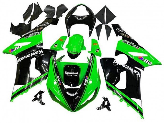 2005-2006 Kawasaki ZX6R Motorcycle Fairings - Glossy Black Green White Elf Touch4 Bridgestone