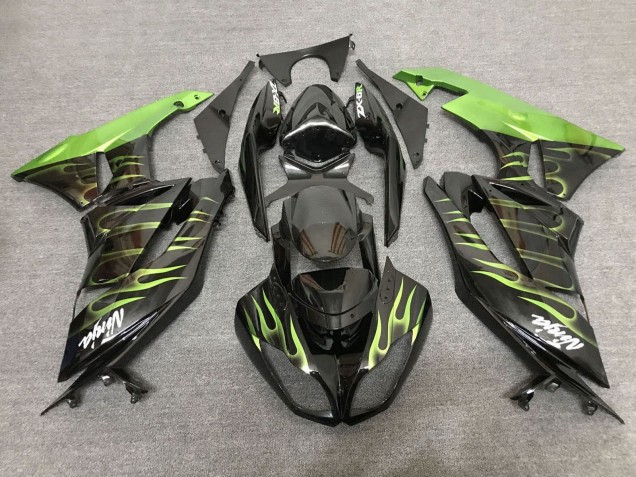 2007-2008 Kawasaki ZX6R Motorcycle Fairings - Black Light Green Flame