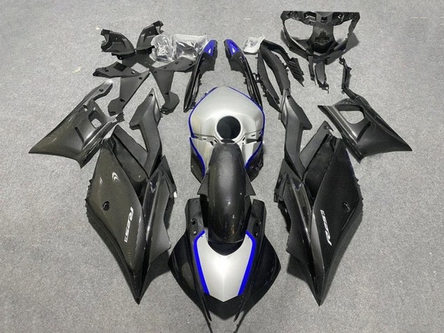 2019-2021 Yamaha YZF R3/R25 Motorcycle Fairings - Black Carbon Fiber Style Silver Blue