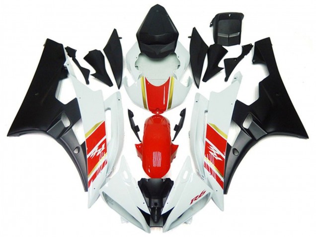 2006-2007 Yamaha YZF R6 Motorcycle Fairings - White Red Gold Matte Black